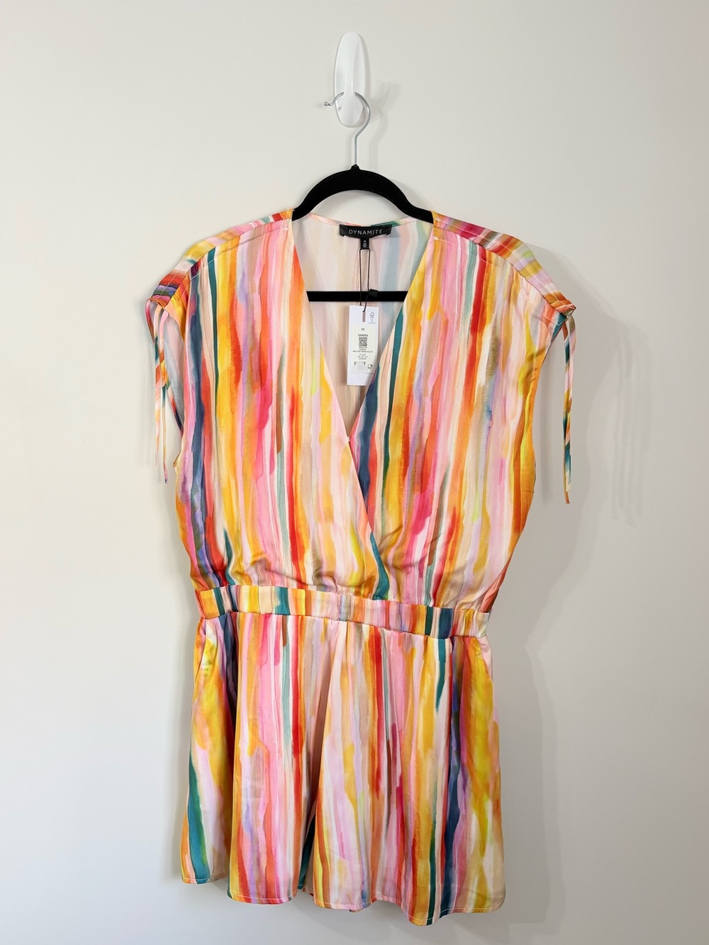 NWT DYNAMITE Watercolor Striped Satin Romper Sz M Vacation Summer Date Night - Picture 2 of 6